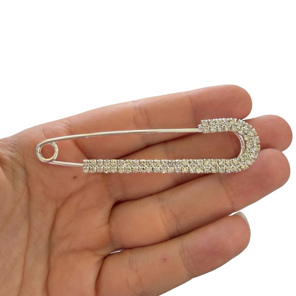Vintage Jewelry Rhinestone Safety Pin Brooch Flashy Pin Bling Brooch silver tone